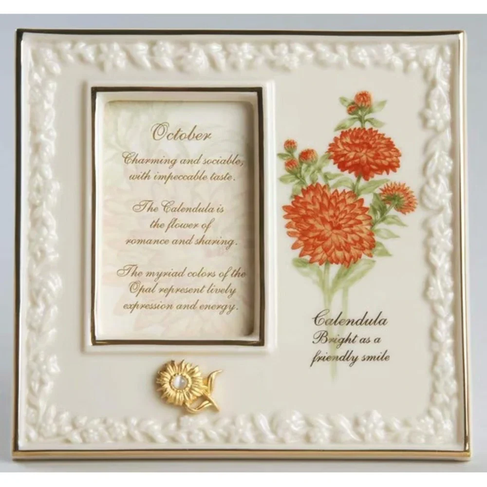 Lenox China Treasures Picture Frame October With Opal Calendula Flower
